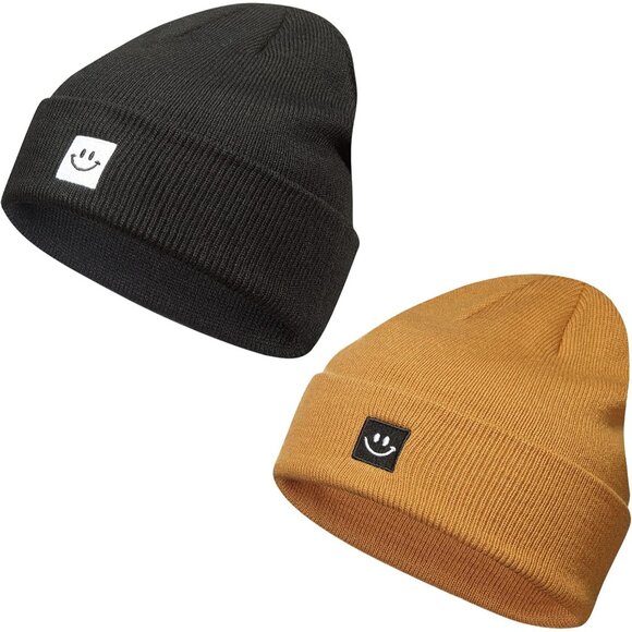 Knit Beanie Hat Unisex Acrylic 2Pack Black Camel Comfortable Warm Hat main image 4